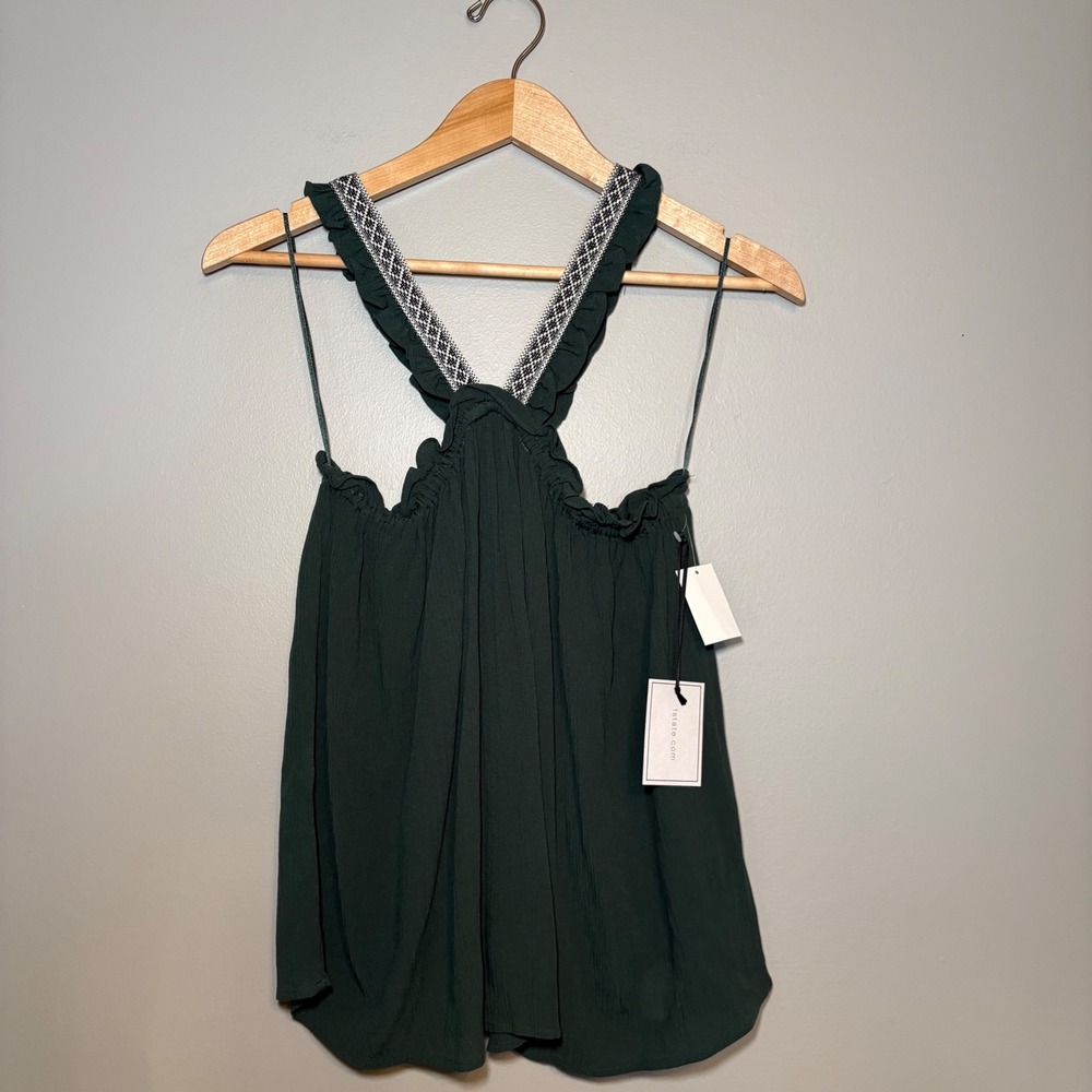 NWT‎ Womens Dark Green Ruffle Halter Babydoll Tank Top Embroidered Straps S